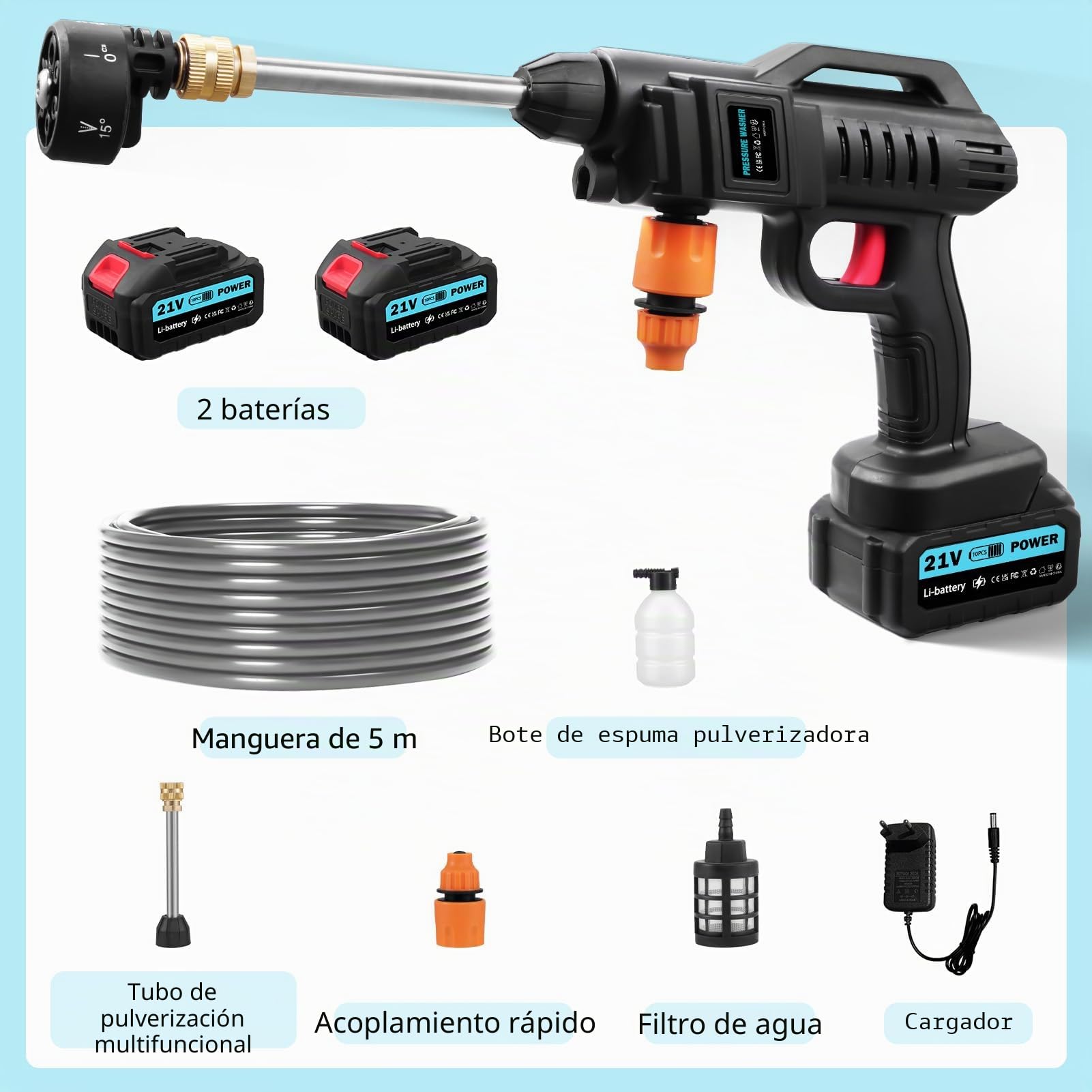 Hidrolimpiadora Inalámbrica,62Bar Hidrolimpiadora de Alta Presión,Portátil Pistola de Agua a Presión con 2×3.0Ah Baterías,Boquilla 6 en 1,Manguera 5m,para Coche Cerca Piso Limpieza Riego