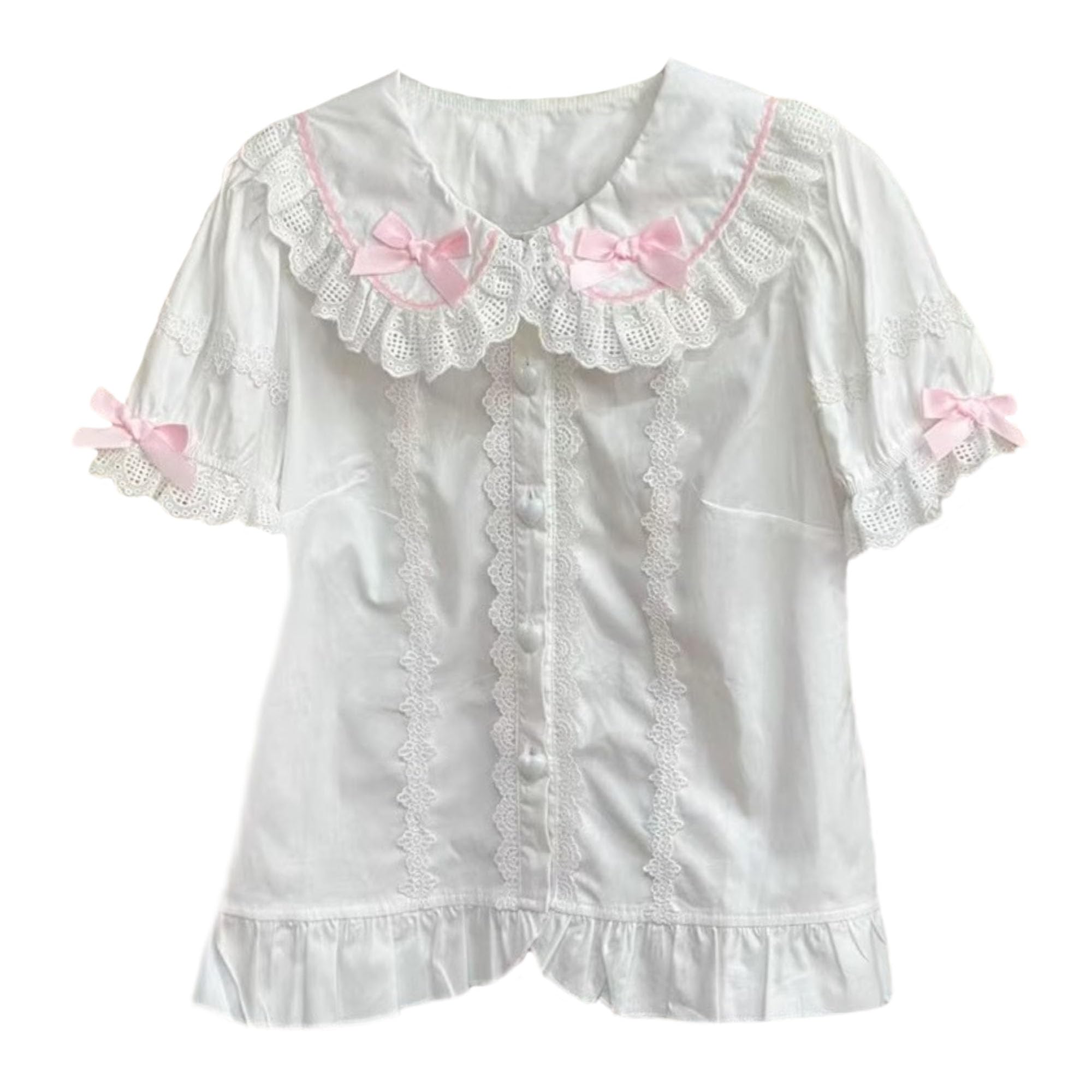 Chemisier Lolita pour femme avec col Peter Pan boutonné, style victorien, vintage, kawaii, tendance, haut d'été à manches courtes