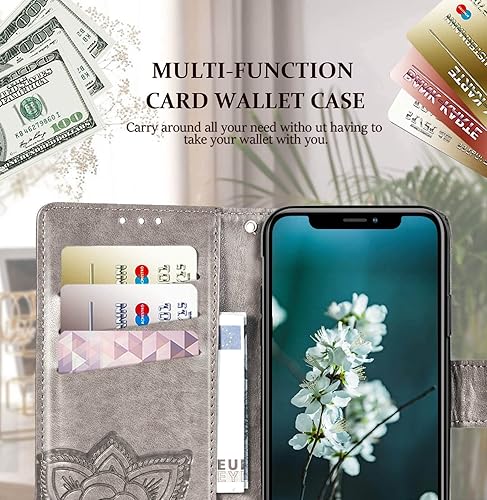 Miniatura 10 de Funda tipo cartera diseñada para iPhone 12 ProiPhone 12, funda tipo cartera con tapa para mujer con diseño de mariposa en relieve de piel sintética