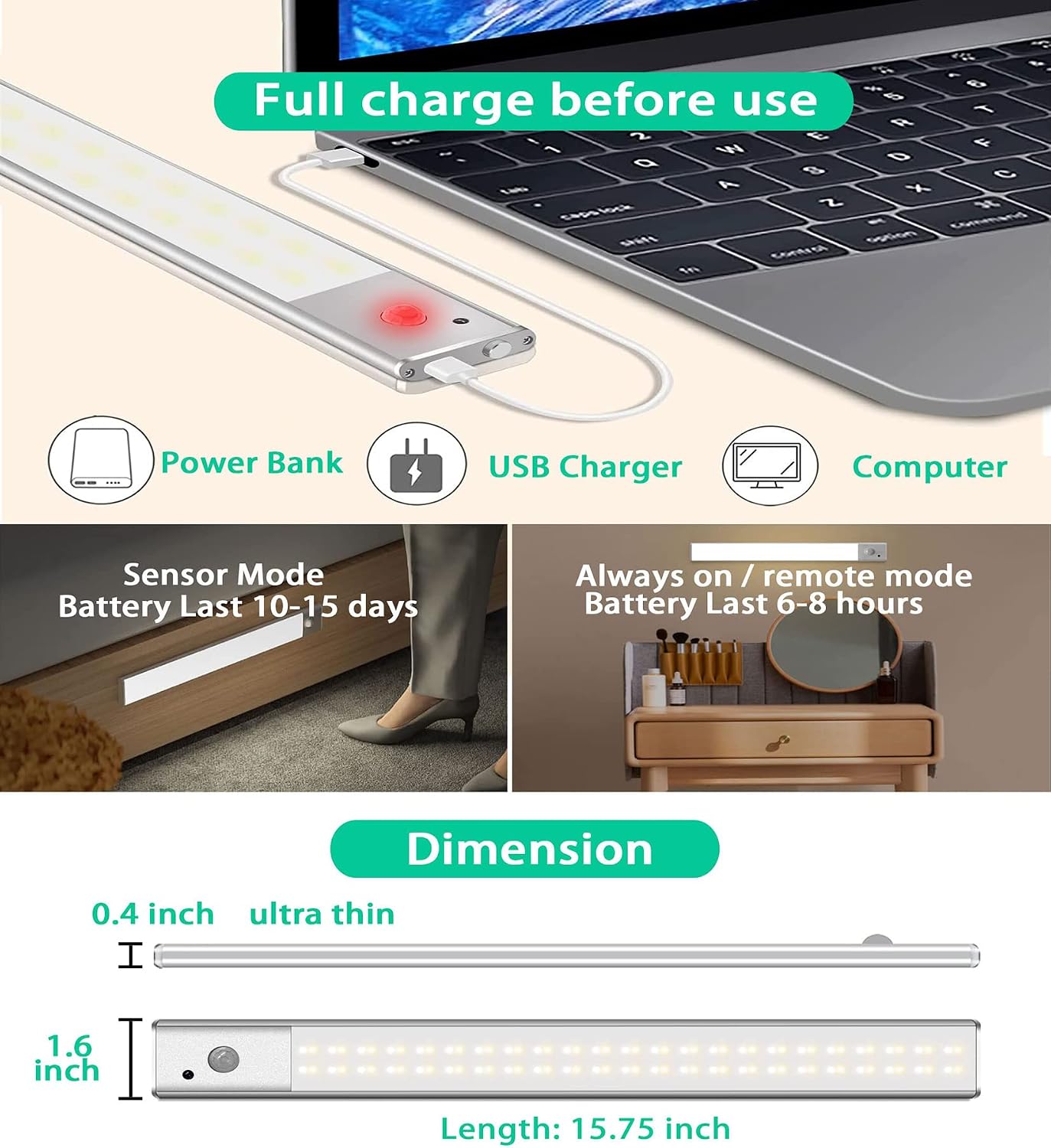 Yomart Under Cabinet Lighting Motion Sensor, 92-LED Closet Lights Dimmer Timer, Rechargeable Stick on Kitchen Light, Night Safe Light for Cupboard, Stairs, Pantry 3 Pack