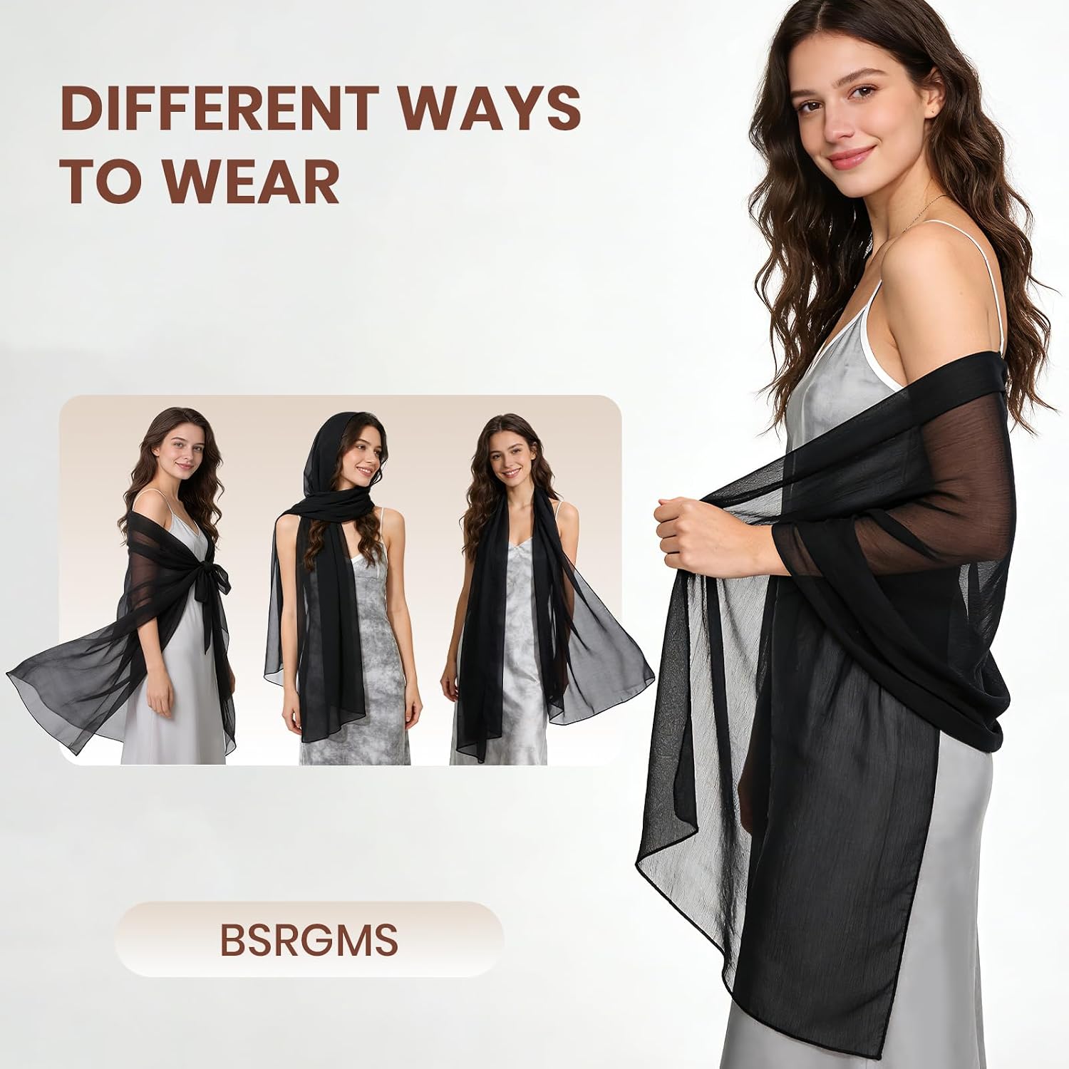 BSRGMS 2pcs Chiffon Shawls and Wraps for Evening Dresses Women Elegant Soft Silky Wraps Wedding Bridal Scarf