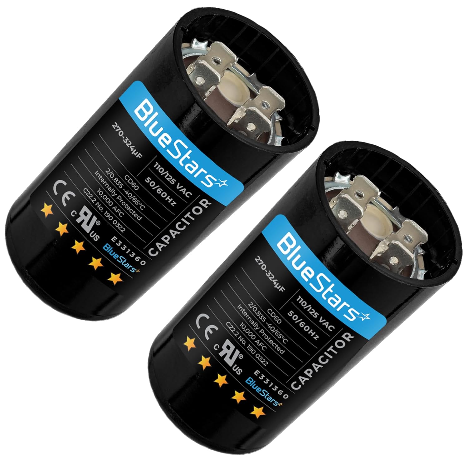 [2025 Upgraded] BlueStars 2 Pack 270-324 uF MFD 110-125 VAC Round Motor Start Capacitor 50/60 Hz AC Electric Replacement Part for AC Motors Starting or Pool Pump or Well Pump