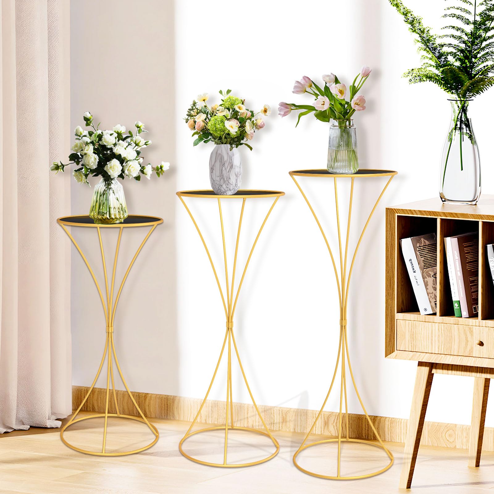 Set 3 Piedistalli Per Piante In Metallo Dorato - Alti Cilindri Decorativi Per Feste, Matrimoni E Casa