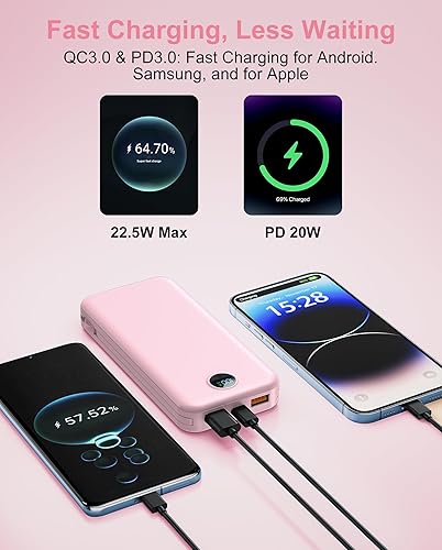 Miniatura 3 de Portable Charger, 12000mAh 22.5W Fast Charging Power Bank with Built-in Cables & Wall Plug, External Battery Pack with LED Display, Travel Rosa