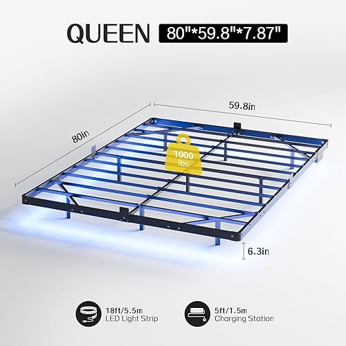 Miniatura 2 de Base de cama flotante tamaño Queen con estación de carga USB y luces LED, marco de cama de plataforma de metal moderno con tapón deslizante para