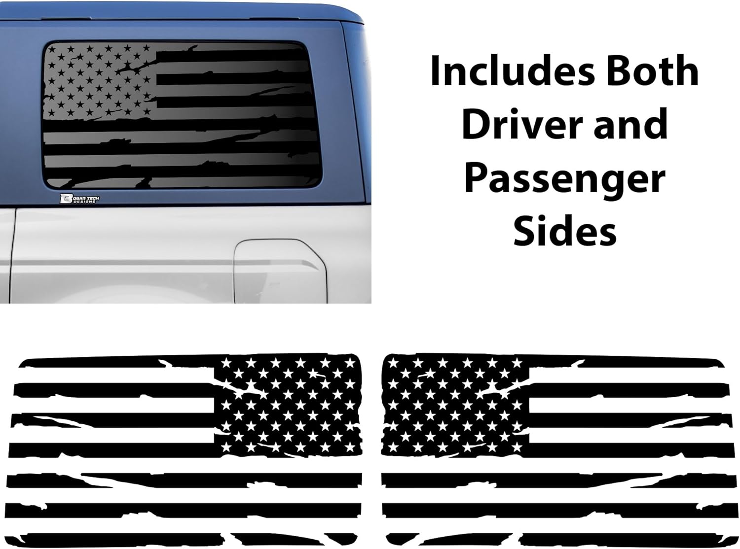 BOGAR TECH DESIGNS Precut Quarter Window Distressed American Flag Vinyl Decal Sticker Compatible with Ford Bronco 2021-2025 4 Door, Matte Black