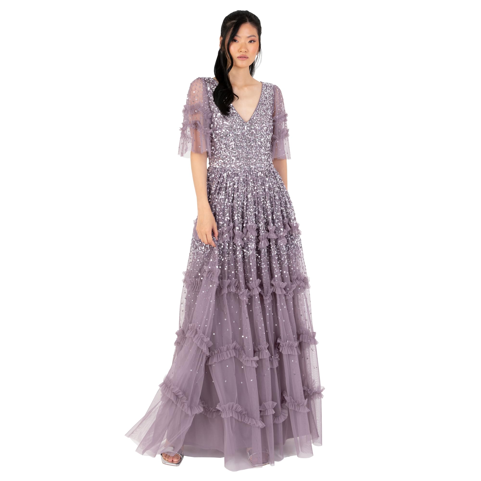 Maya Deluxe Women's Maxi Dress Ladies V-Neck Sequin Embellished Ruffle Detail for Wedding Guest Bridesmaid Prom Occasion Ball Gown