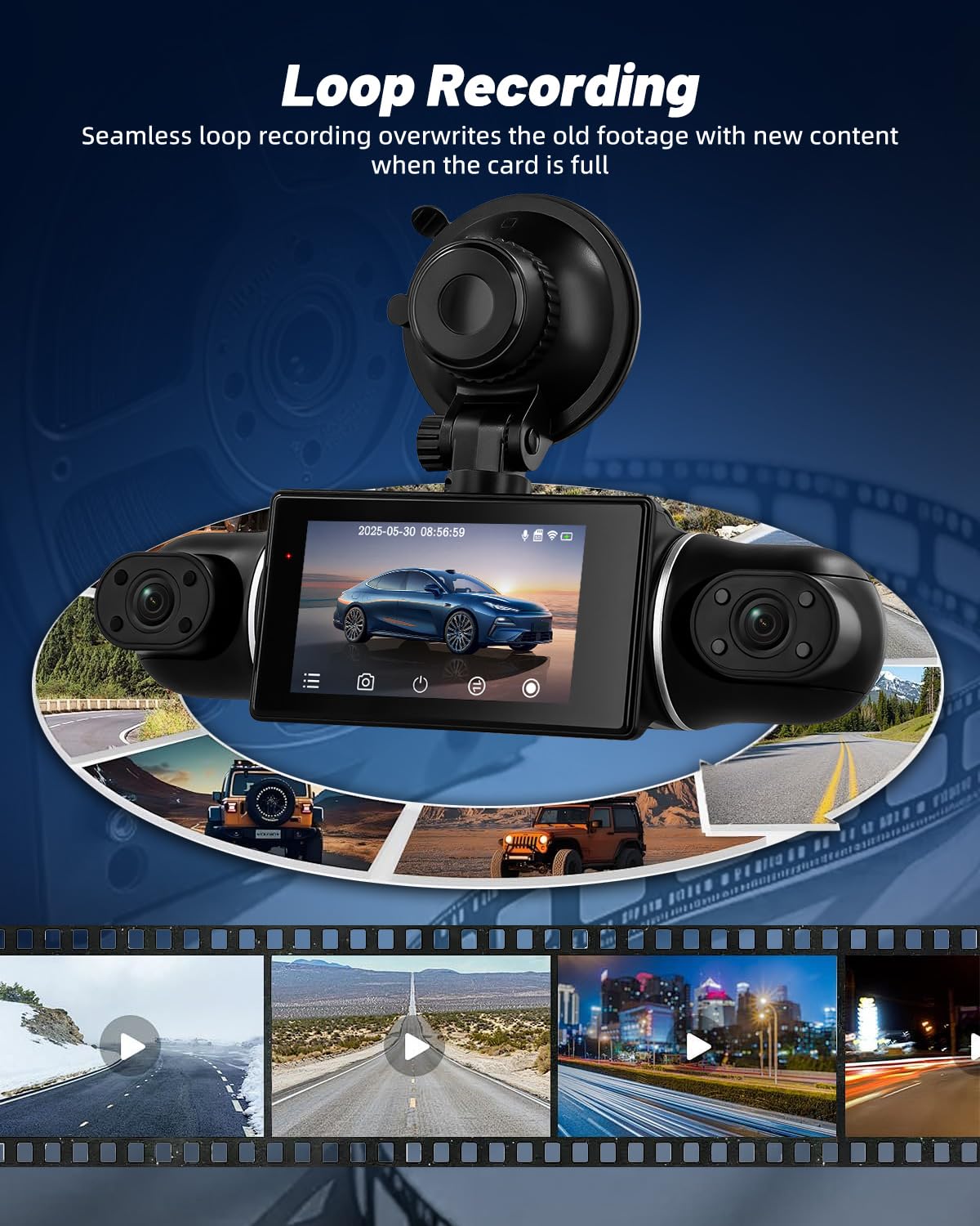 NHOPEEW Cámara para salpicadero WiFi 2K de 3 Pulgadas, 4 Canales, 360° + 1080P Interior Izquierda y Derecha + cámara Trasera, cámara para salpicadero con Sensor G, visión Nocturna, grabación en Bucle