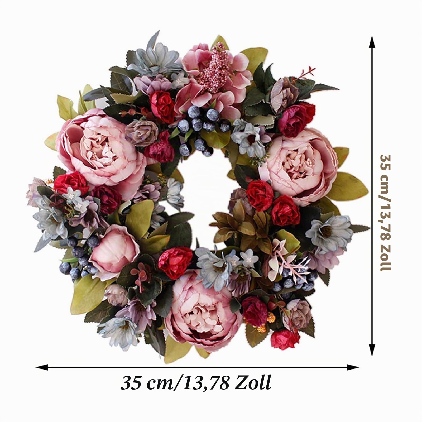 Künstlicher Türkranz Dekoration,35cm Künstliche Pfingstrose Hortensie Blume Haustürkranz, Pfingstrose Kranz, Kunstblumen, Türkranz für Frühling und Sommer, alle Jahreszeiten-Künstlicher dekorativer