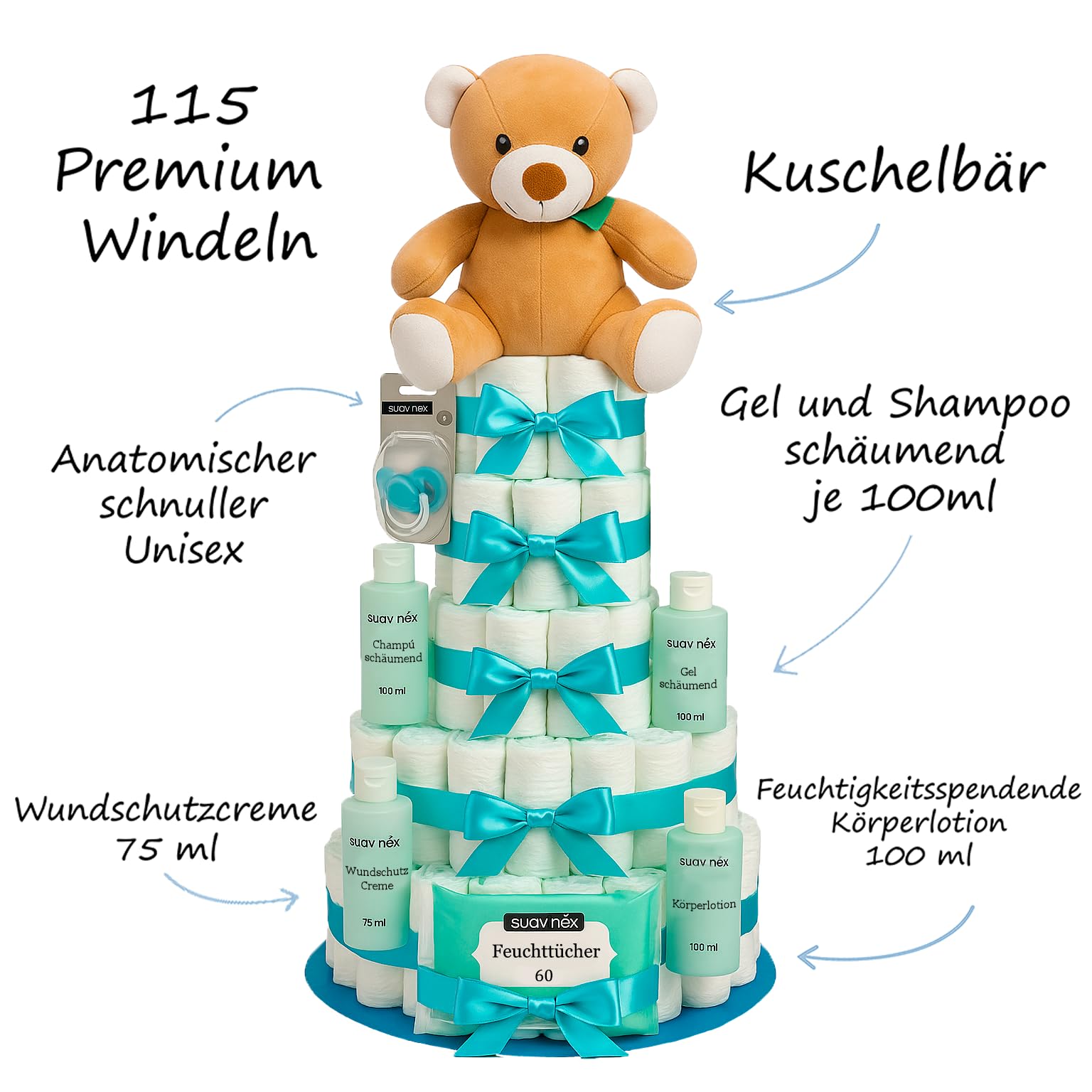 Windeltorte Junge und Mädchen XXL Geschenk zur Geburt Baby Erstausstattung