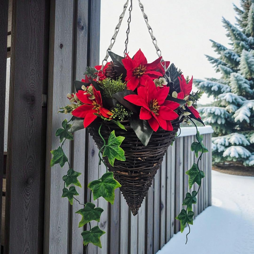 Best Artificial Christmas Poinsettia Cone Hanging Basket, 30cm, Red Flowers, Berries, Pine Cones