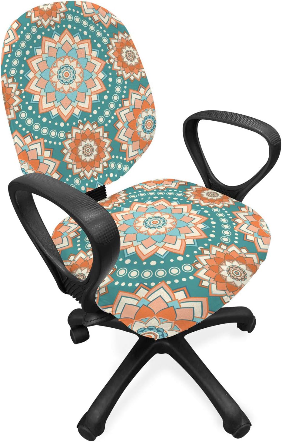 Ambesonne Lotus Office Chair Slipcover, Mandala Motifs of The Oriental Cultures with Bohemian Inspired Flower, Protective Stretch Decorative Fabric Cover, Standard Size, Blue Beige