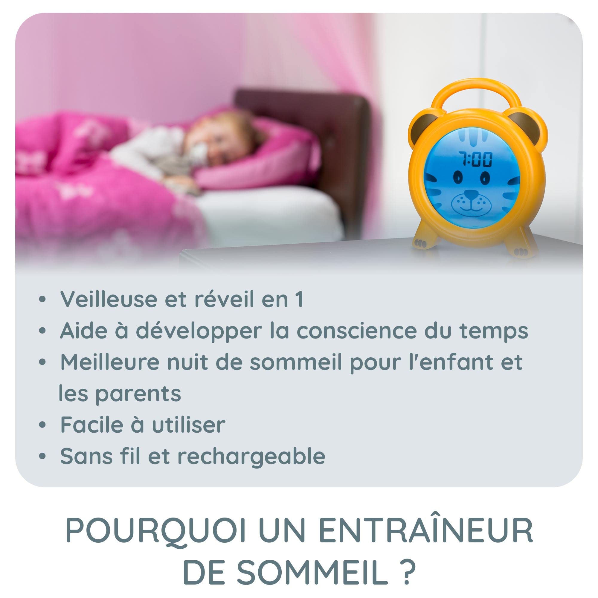 Le design ludique du réveil Alecto BC100TIGER en forme de tigre, conçu pour captiver l'attention des enfants.