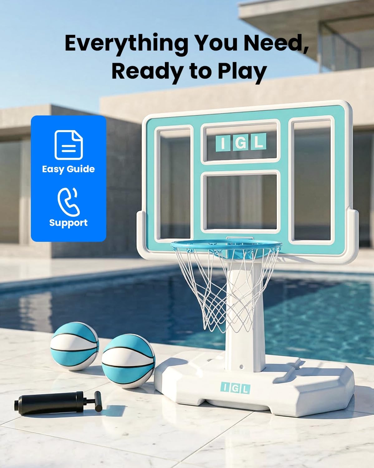 IGL Pool Basketball Hoop - Portable Swimming Pool Goal with 28/32/36/44 Inch PC Backboard, Water-Filled Base for Stability, Includes 2 Balls & Pump - Outdoor Summer Fun Game for Kids & Adults