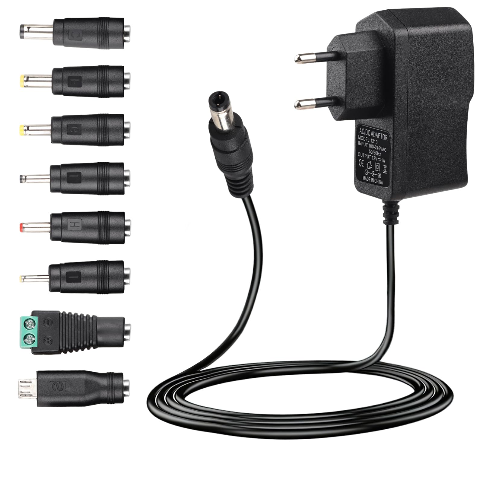 Alimentador 12V 1A, Adaptador de Fuente de Alimentación Universal 12W con 8 Enchufes DC Desmontables, Compatible con Electrónica y Dispositivos como LED, Router, CCTV, Radio, y Más - 1000mA Máx