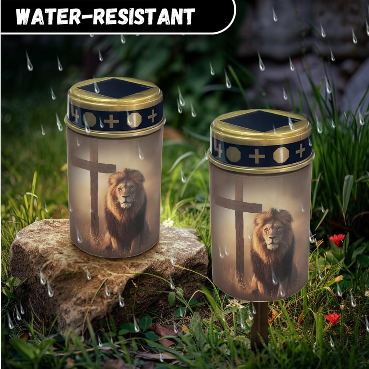 Merkmak 2 Pack Cemetery Solar Lights Decorative Pathway Lights Solar Powered Flameless Candle for Grave Lion Cross Eternal Lamp for Remembrance Gifts