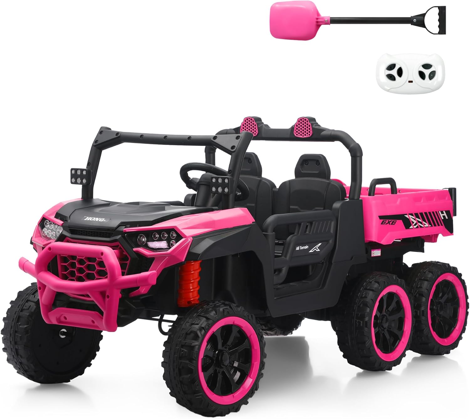 24V 2 Seater Kids Ride On Dump Truck with Remote Control, Electric Dump Bed & 6×6 Wheels, UTV with Music Player and Shovel, Gift for Boys Girls 3-8 Years (Pink, Upgrade)