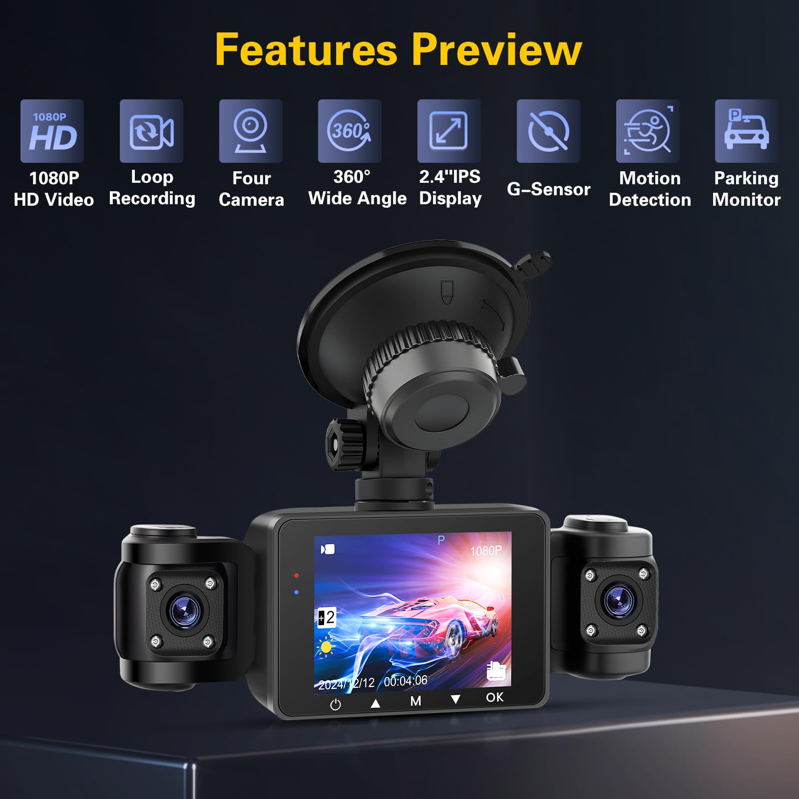 Hikity 2.4" 1080P WiFi Dashcam 4 Dashcam con DVR G-Sensor Tarjeta TF 64G | Pantalla IPS Dashcam con Coche Ángulo 360° Modo Aparcamiento 24H Grabación Continua Cámara de Coche Visión Nocturna
