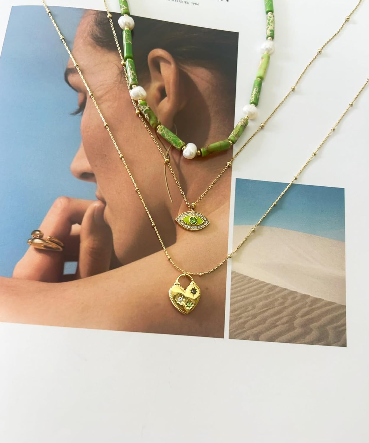 Fashion Evil's Eye Natural Stone Bamboo Beads Necklace Green Zircon Love Lock Pendant INS Stainless Steel Plated 18K Gold Layered Chain