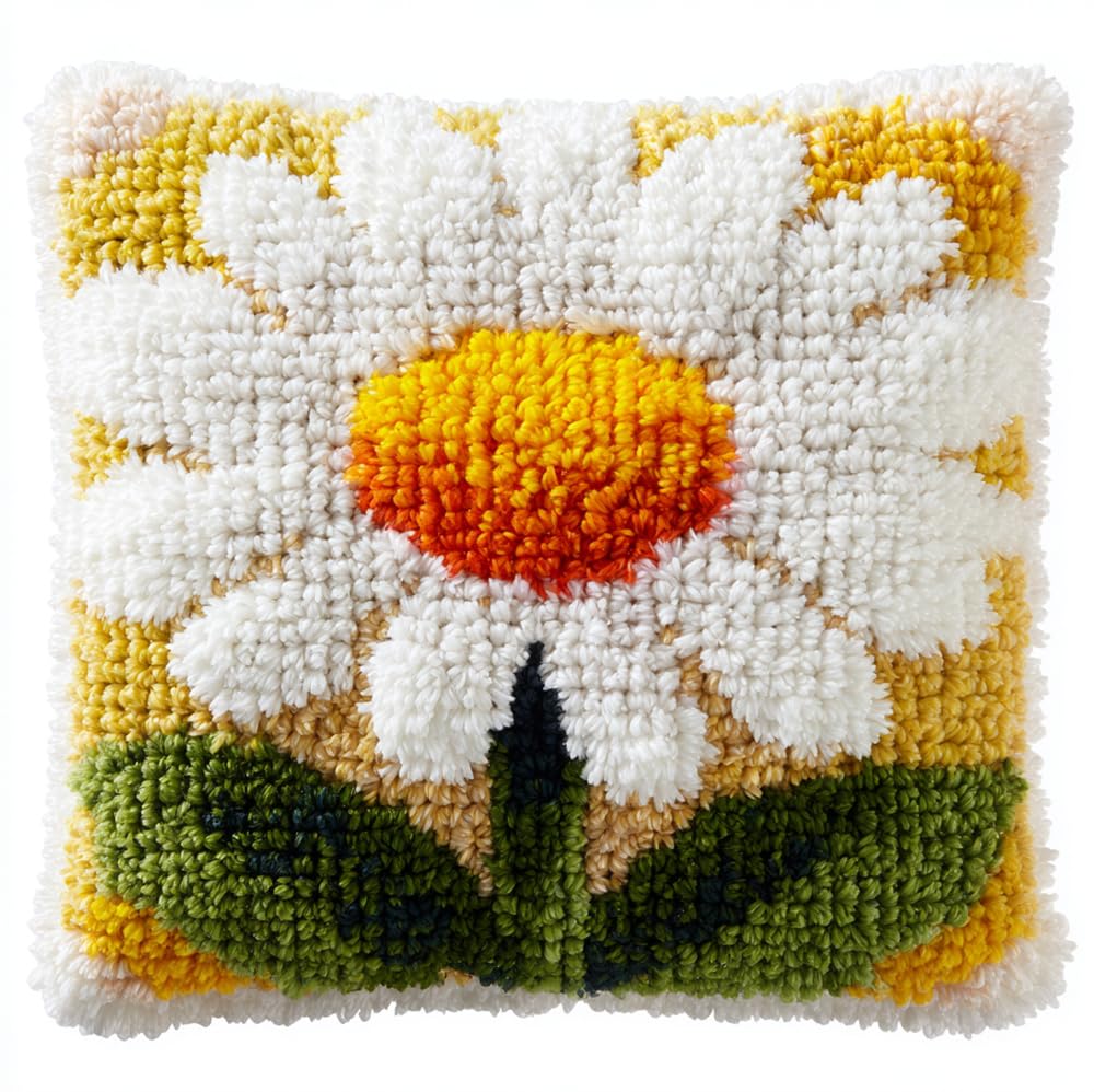 RKFLGEW Latch Hook Kits Pillow White Daisy 17X17 in Printed Canvas Cushion Crochet Yarn Needlework Hook Latch DIY Kit Embroidery Pillowcase Rug Cover Home Sofa Christmas Decoration