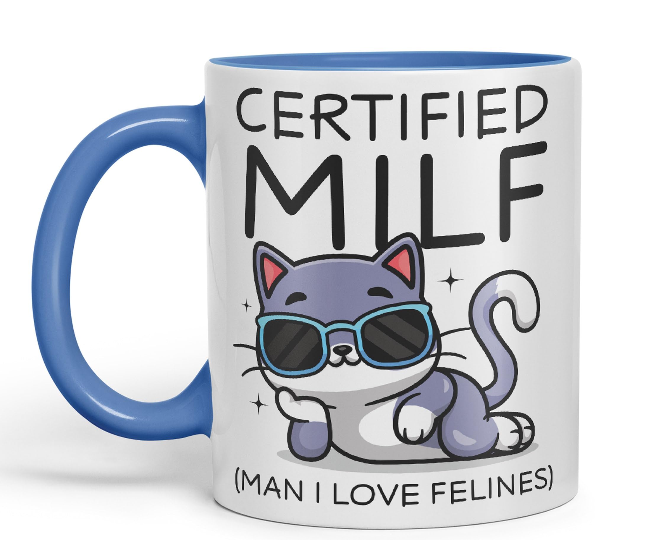 Vixar Certified Milf (Man I Love Feelines) Cats cat Gift Sarcastic Joke Ceramic Coloured Mug Cup for Tea Coffee Hot Brew 330ml 11Oz (C Blue)