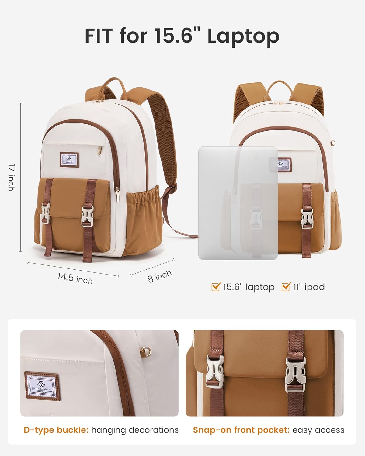 LOVEVOOK School Backpack for Girls Boys,Bookbag for Teen with Pouch Pocket for Large Capacity Cup, Waterproof School Bookbag, Preppy Backpack Travel Daypack with 15.6 inch Laptop Compartment