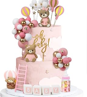 44 PCS Bear Cake Toppers - Mini 3D Bear BABY Letters Milk Bottle Pink Gold Foam Balls Cake Toppers for Boy Girl Birthday Party Baby Shower Cake Decorations