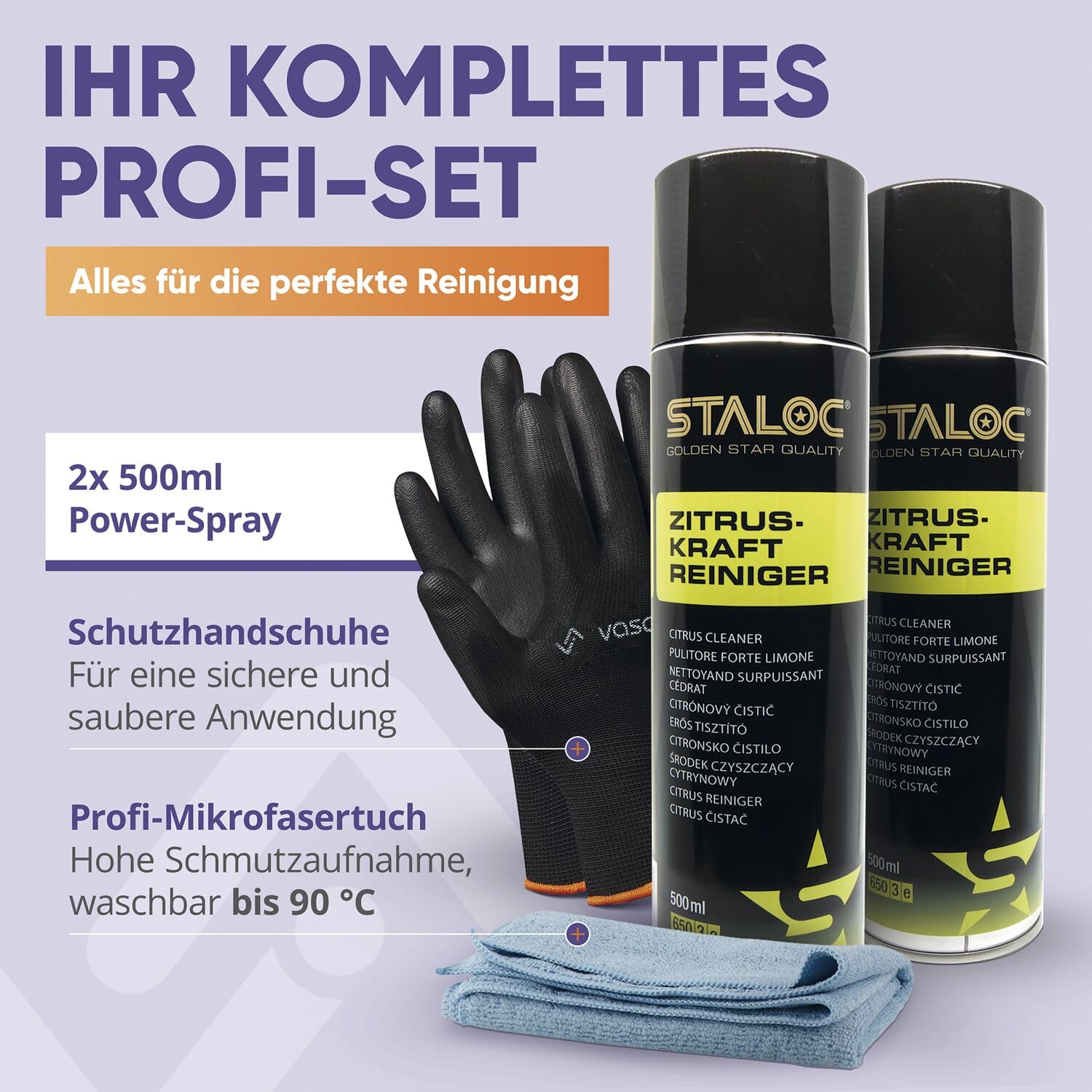 Staloc Zitrusreiniger - hochwirksamer Citrus Reiniger Reinigungsspray für Metall und Kunststoff, Allzweckreiniger ideal für den Haushalt, 2x Zitrus Reiniger + 1x Mikrofasertuch