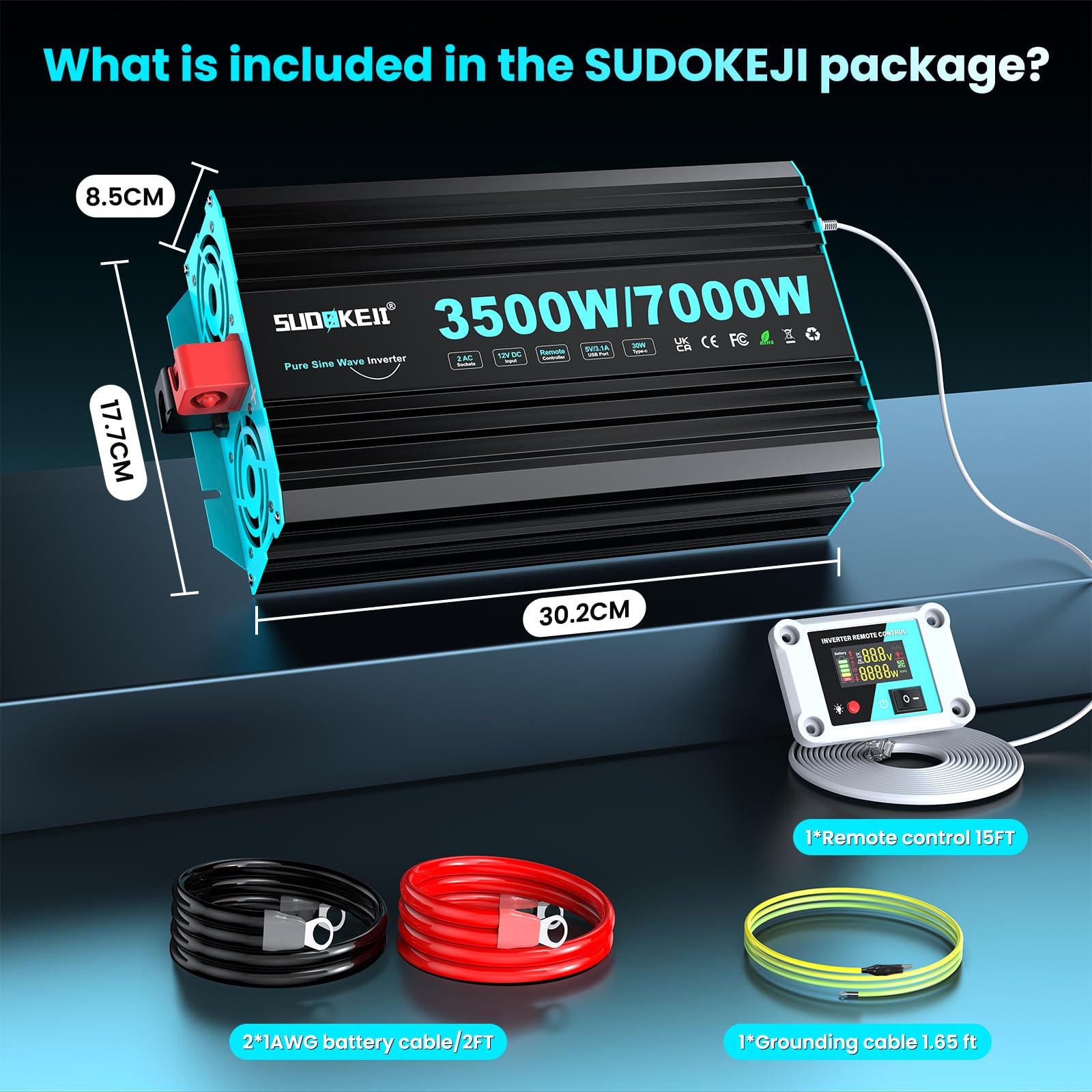Inversor SUDOKEJI 3500W/7000W de Onda Sinusoidal Pura, Convertidor 12V-230V con Mando LCD, Puertos USB/Tipo-C y 2 Tomas UE para Solar, Vehículos y Autocaravanas
