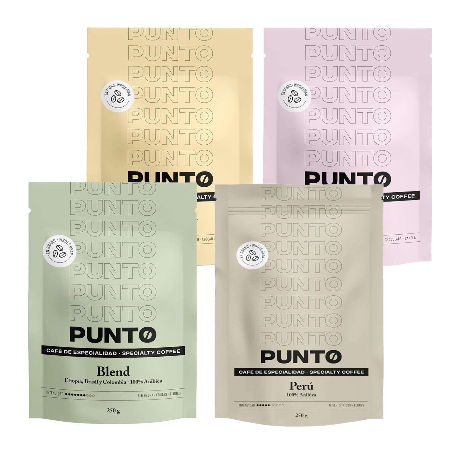 PUNTO - Pack Cafe de Especialidad en Grano 4x250g - Punto BLEND + Perú + Etiopía + Colombia - 100% Arabica - Tueste y Cuerpo Medio - Intensidad 5-7/10