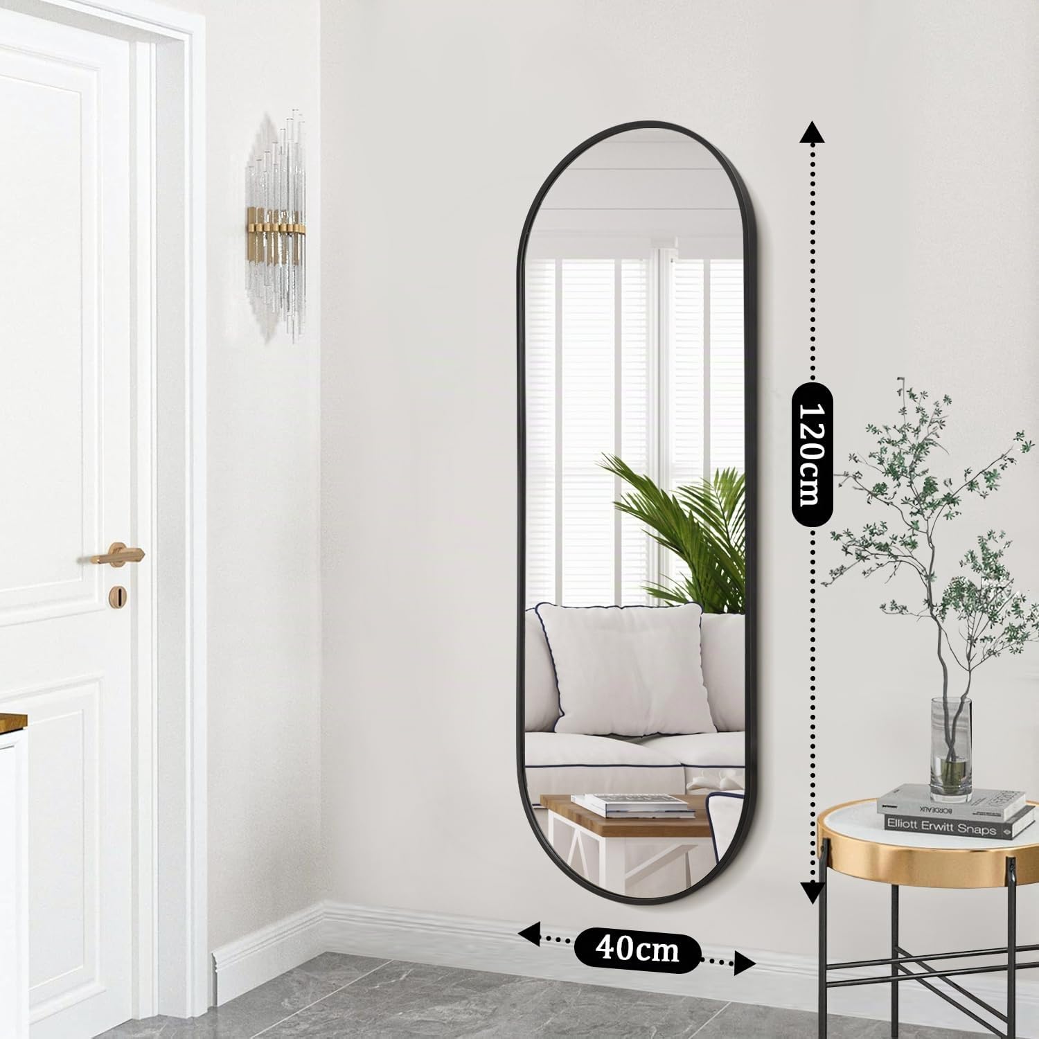 JJUUYOU Specchio da parete per bagno a figura intera, specchio ovale, cornice in metallo nero, specchio, 120 x 45 cm, opaco, camera da letto, toeletta, casa di campagna, vetro temperato inossidabile