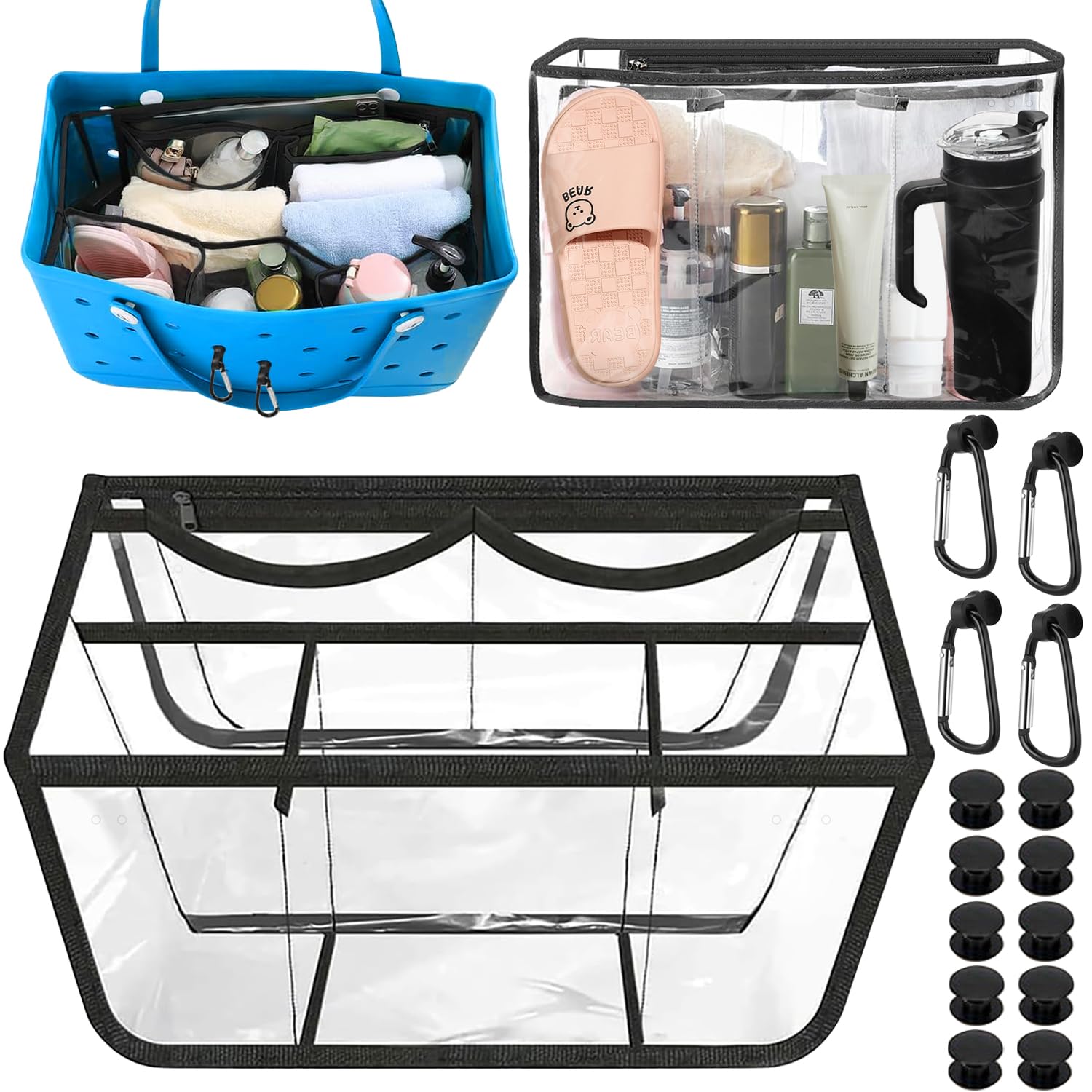 LOSYHU Clear Beach Bag Organizer Accessories for Bogg Bags Organizer Insert Bag Waterproof Compatible with X Large Size Bogg Bags, Organizing and Divide Space, Clear-Black