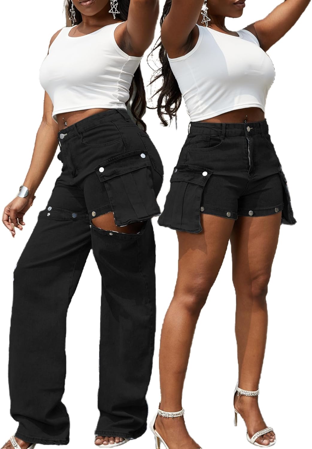 Vaceky Women's Cargo Jeans & Denim Shorts Baggy Straight Leg Patchwork Buttons Convertible Pants