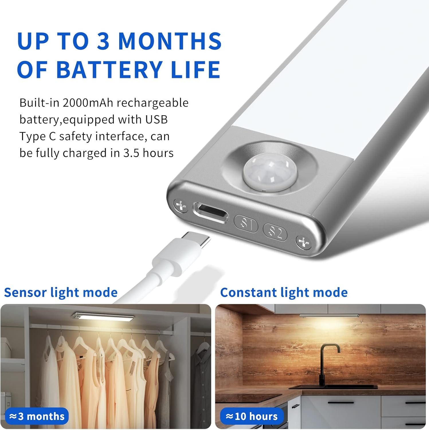 Under Cabinet Lights, LED Closet Light Battery Operated with Motion Activated, Rechargeable Motion Sensor, 2 Pack