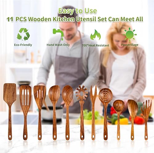 Miniatura 6 de GUDAMAYE Cucharas de madera para cocinar, juego de utensilios de cocina de madera, utensilios de cocina de madera, cucharas de madera de teca