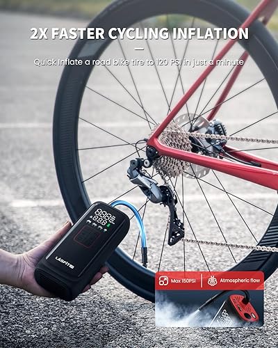 Miniatura 2 de LASFIT AIR BM1 Bike Pump 20s Fast Pump Auto Shut-Off 150 PSI High Pressure Portable Tire Pump with Presta Schrader Dunlop Valve for Bike Motorcycle