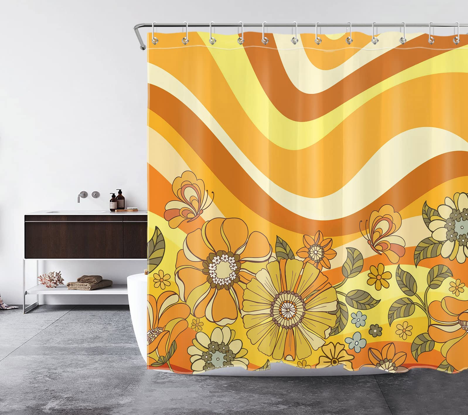 Ruelvth Duschvorhang Boho Floral – Gelbe Blumen, Wasserdicht 183x183 Cm Mit Haken