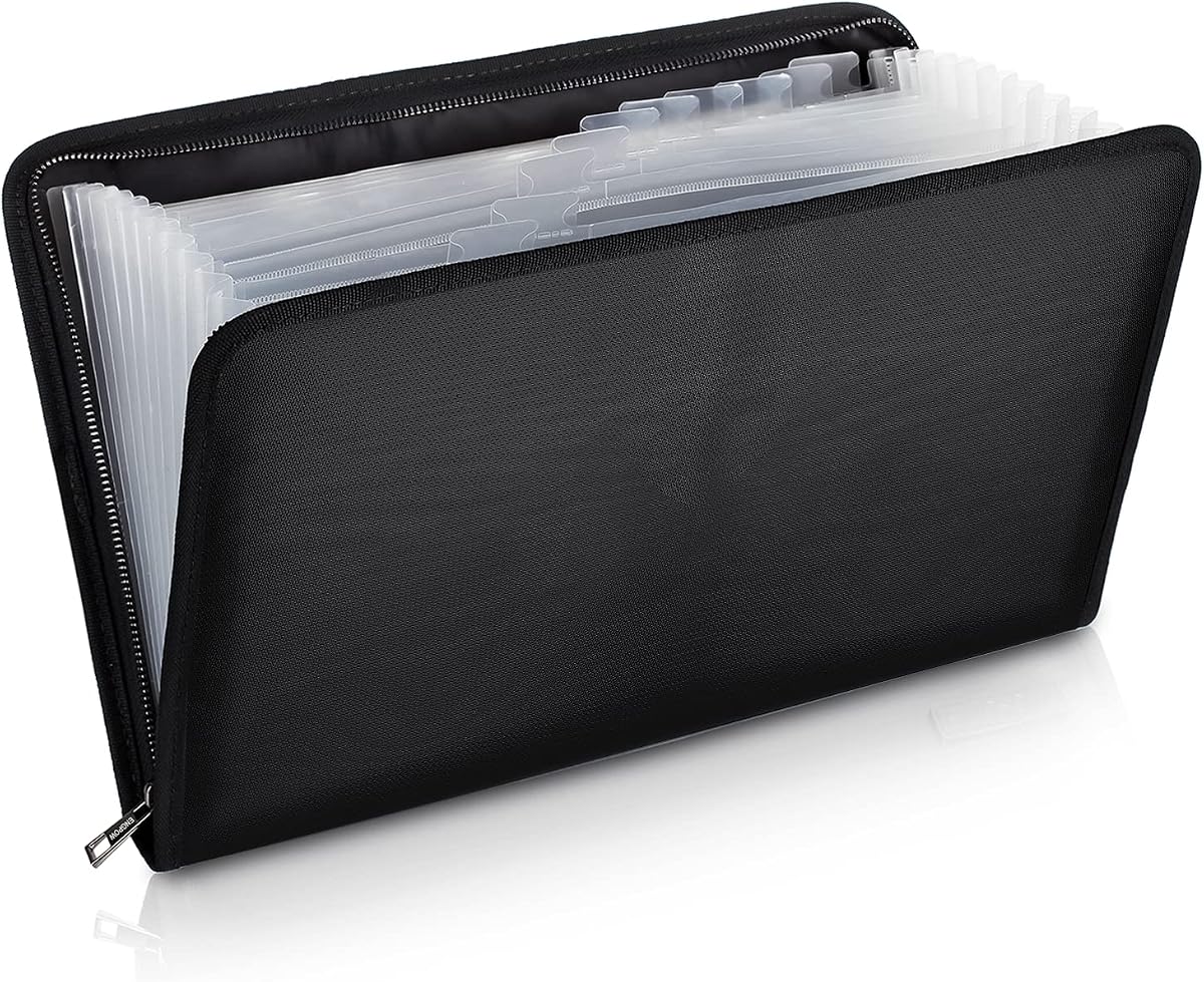 ENGPOW Fireproof Expanding File Organizer with 13 Pockets, Legal Size | Accordion File Folders with Labels, Portable Home Office Travel Safe Storage for Important Documents, Papers (16" x 10.6")