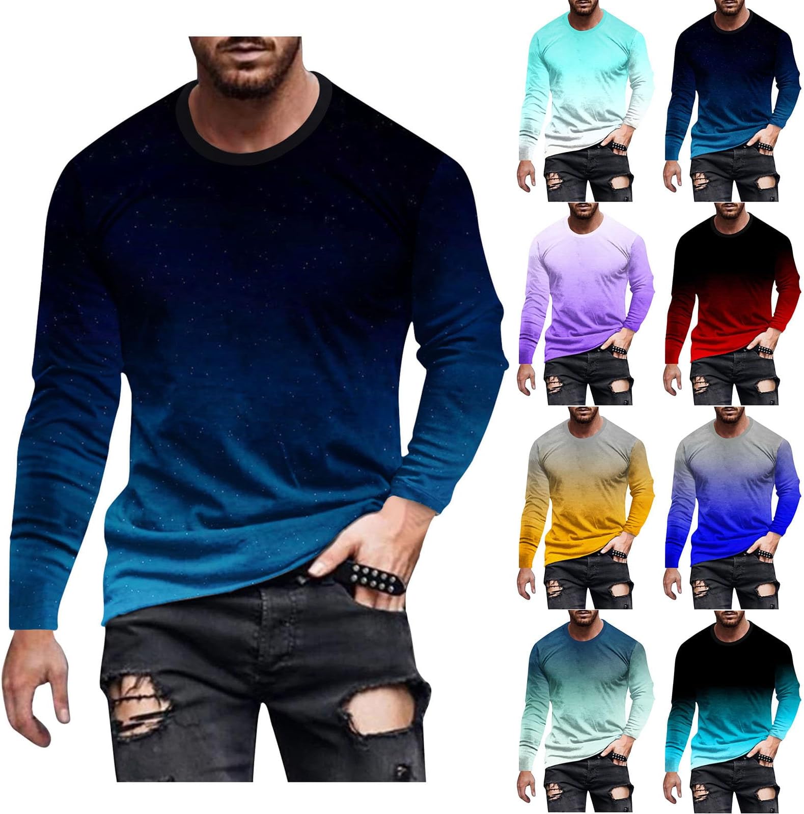 Generic Shirts for Men Long Sleeve Casual Loose Gradient Color Print Crewneck Sweatshirt Lightweight Gym Workout Pullover Top