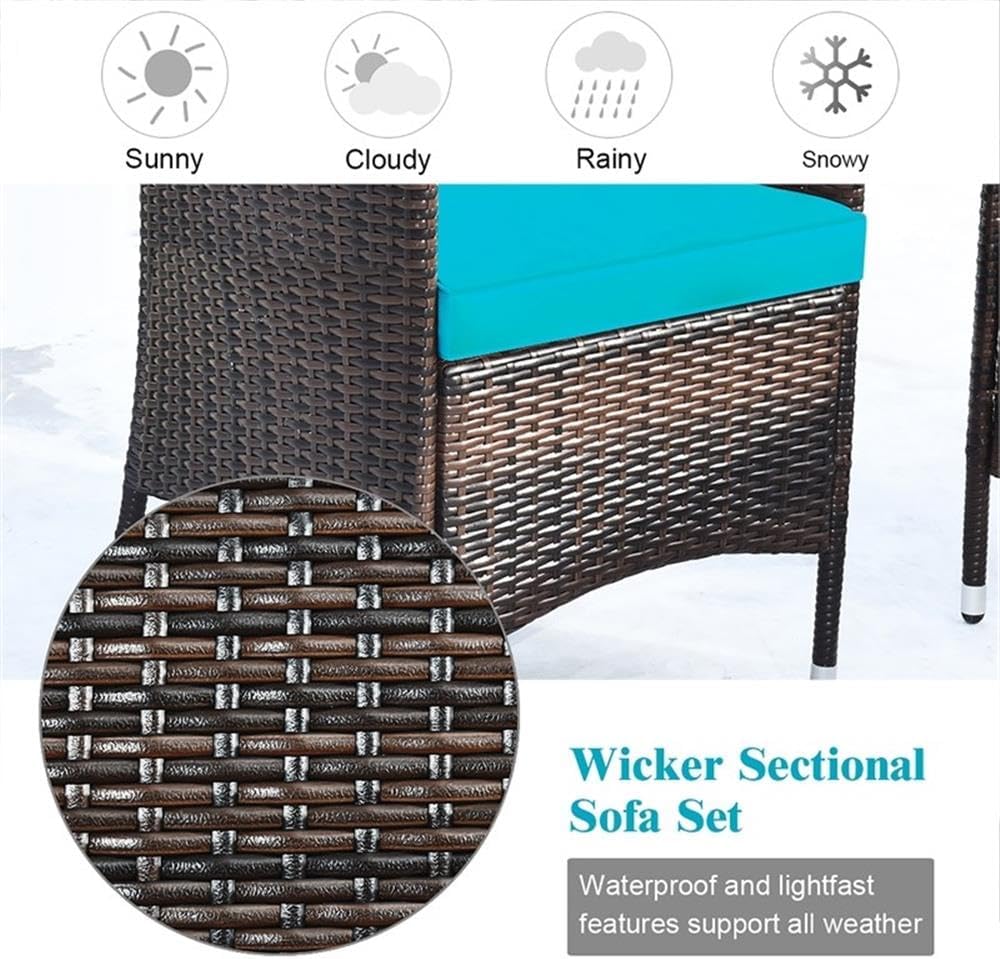 Pemberly Row 4PCS Patio Furniture Set, Hand-Woven Rattan with Steel Frame, Turquoise Cushions, Includes Loveseat, 2 Single Chairs, Tempered Glass Coffee Table, Outdoor Sectional for Garden or