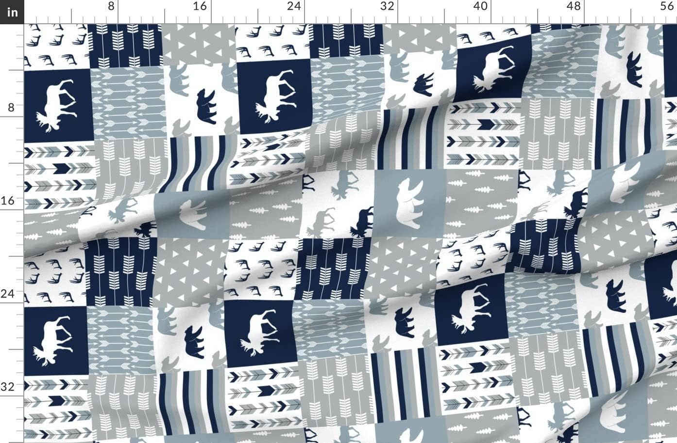 Spoonflower Fabric - Wholecloth Moose Bear Navy Rustic Woods Blue Grey Woodland Patchwork Printed on Organic Cotton Sateen Fabric by The Yard - Sewing Quilting Apparel Home Decor