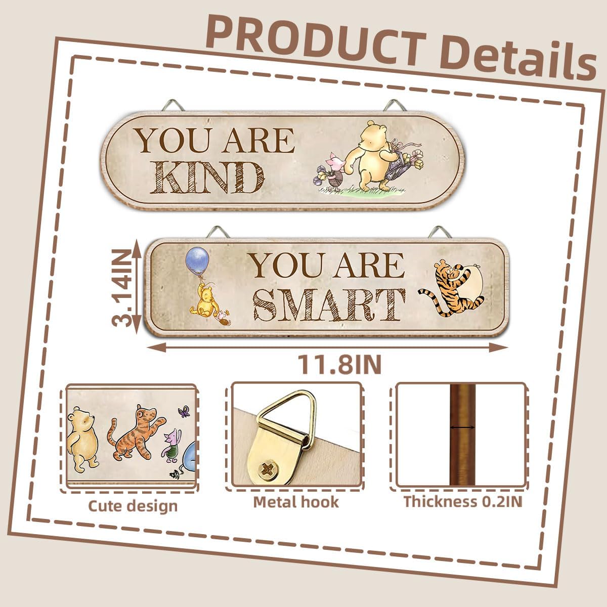Hatzelou 4PCS Classic Winnie Baby Room Decor, Pooh Nursery Decor, the Pooh Wall Decor Sign Gifts, You Are Kind Brave Inspirational Quotes, Adorable Winnie Sign for Home Bedroom Nursery