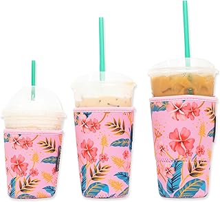 Iced Coffee Sleeve for Cold Drink Cups 3 Pack Neoprene Iced Coffee Sleeve Cup Sleeves for Cold Drinks Reusable Compatible with Starbucks Dunkin (3 PK Sm-Med-Lg, Pink Floral #2)