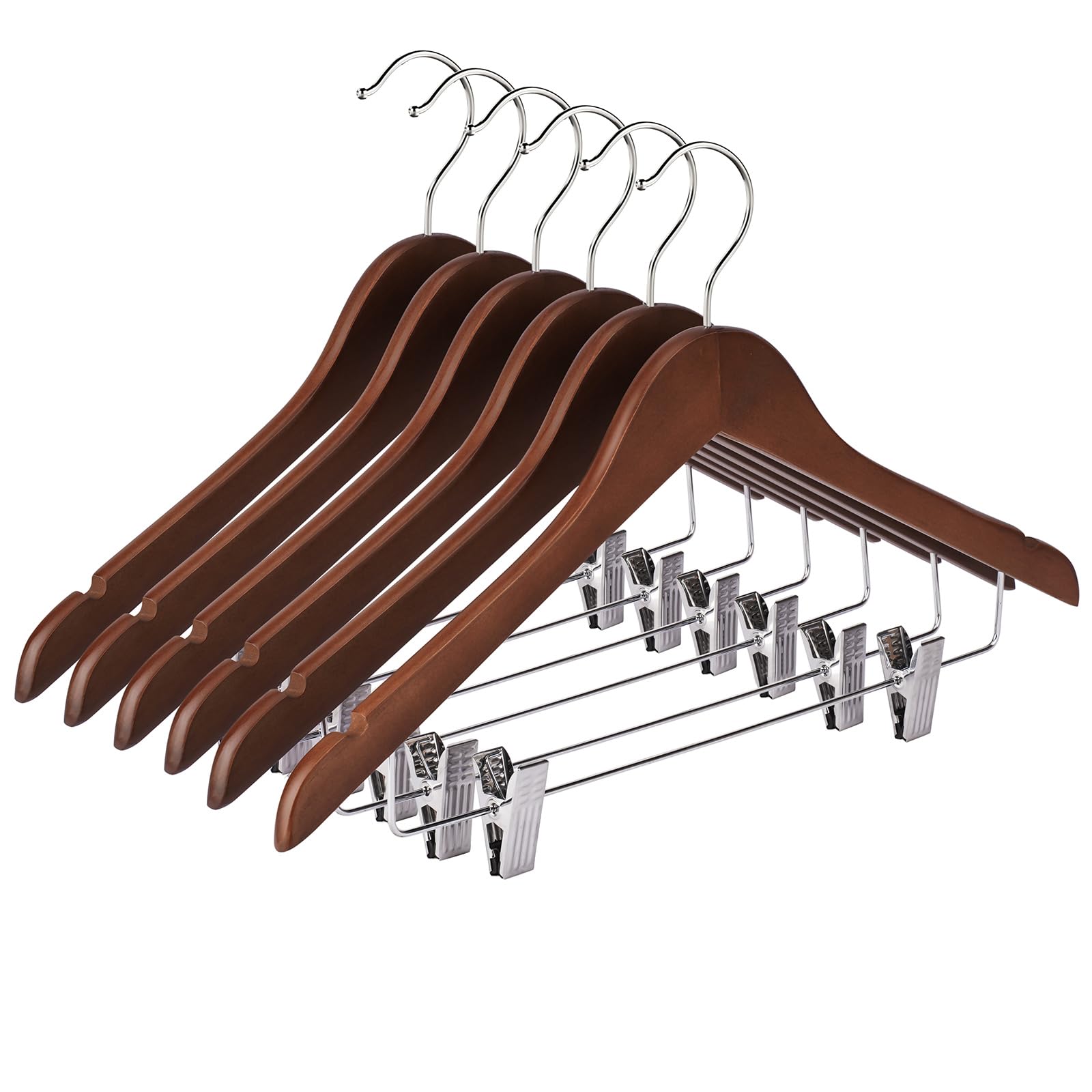 Kleiderbügel aus Holz mit Clips, 24 Stück, Hosenbügel aus Holz, Rockbügel mit Clips, verstellbar, strapazierfähig, für Hosen, Jeans, Hosen, Shorts (Walunt)