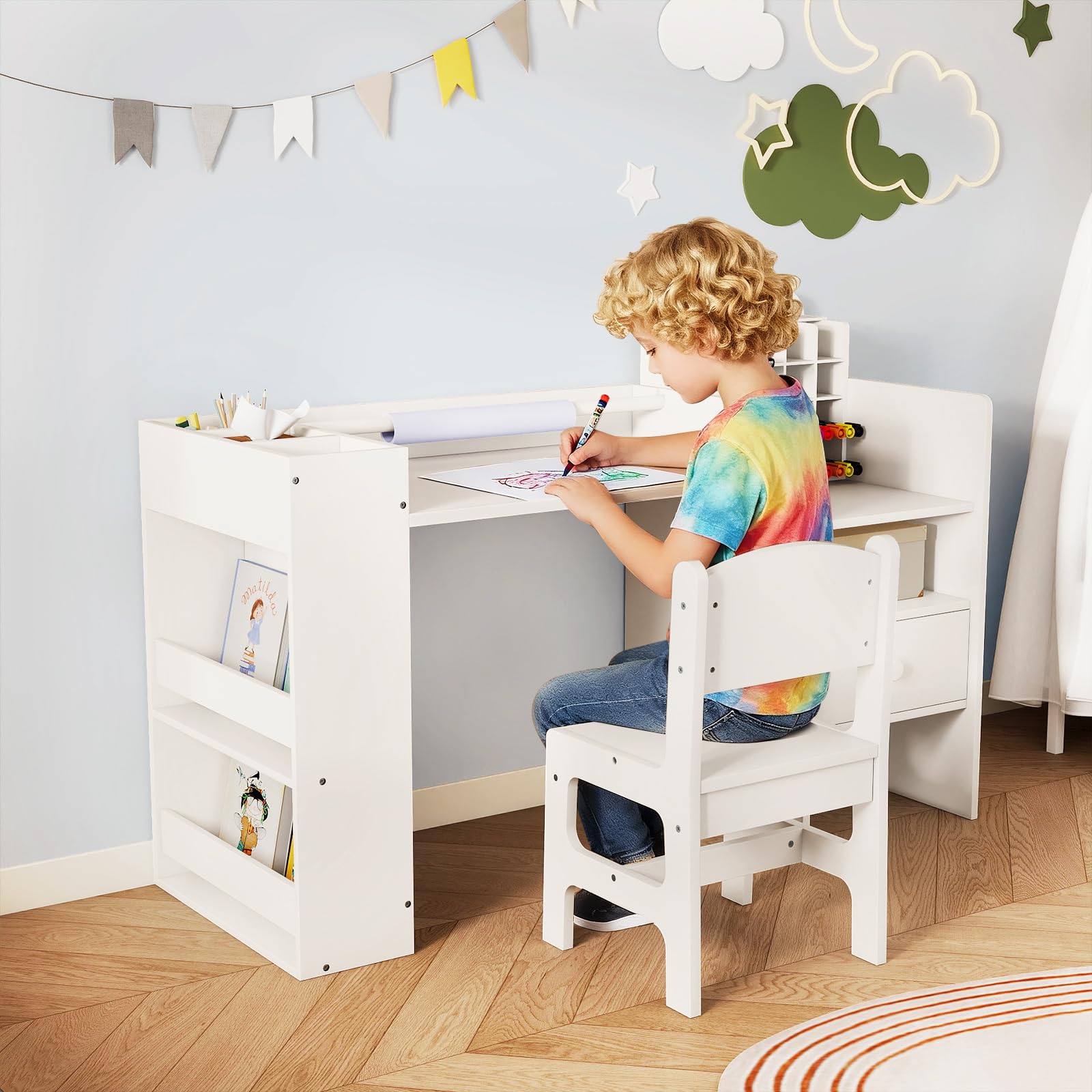 RELAX4LIFE Scrivania per Bambini, Set Tavolo e Sedia con Spazi per Riporre e Rotolo di Carta da Disegno Rimovibile, per Lettura e Disegno, Tavolo d'Arte per Soggiorno, Camera dei Bambini, Max 75KG