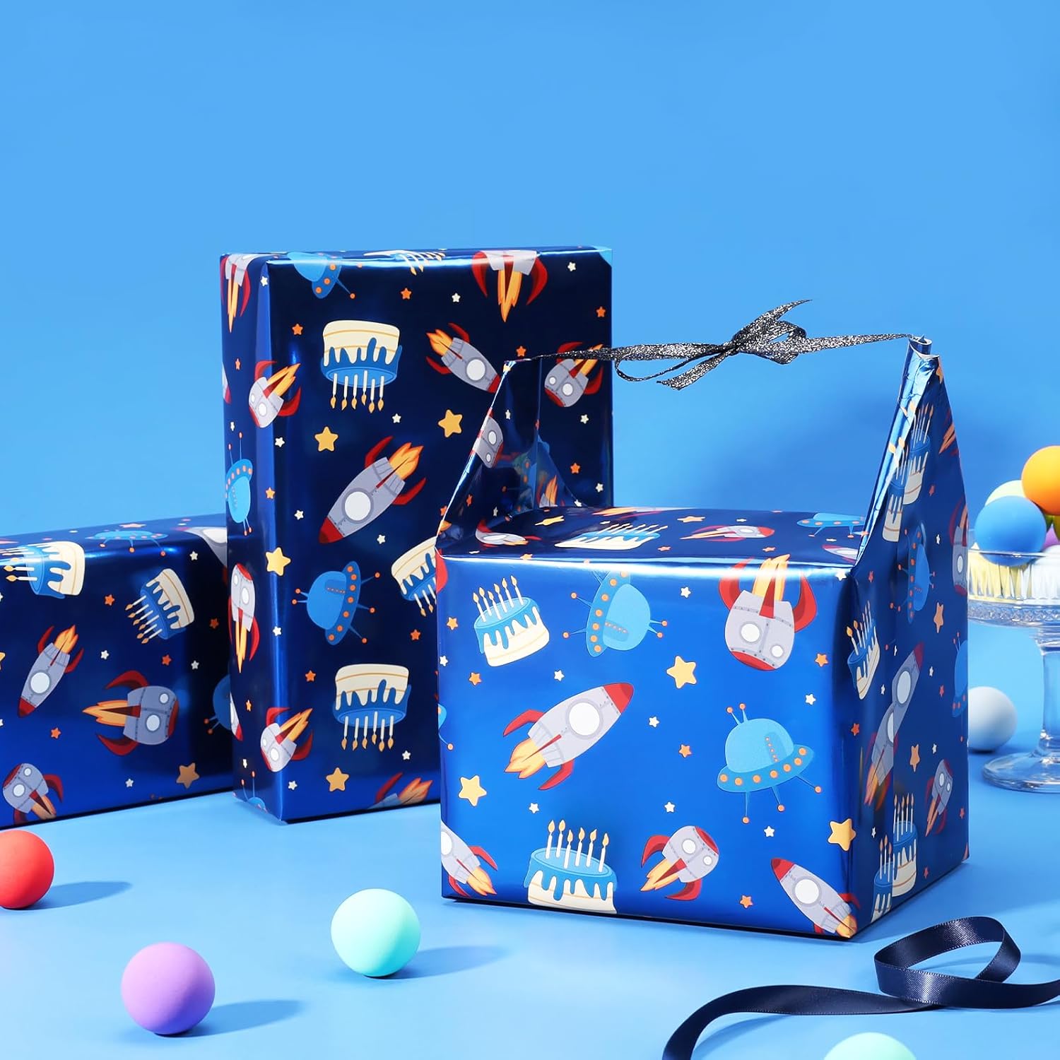 Space Wrapping Paper Mini Roll, Blue Spaceship and Birthday Cake