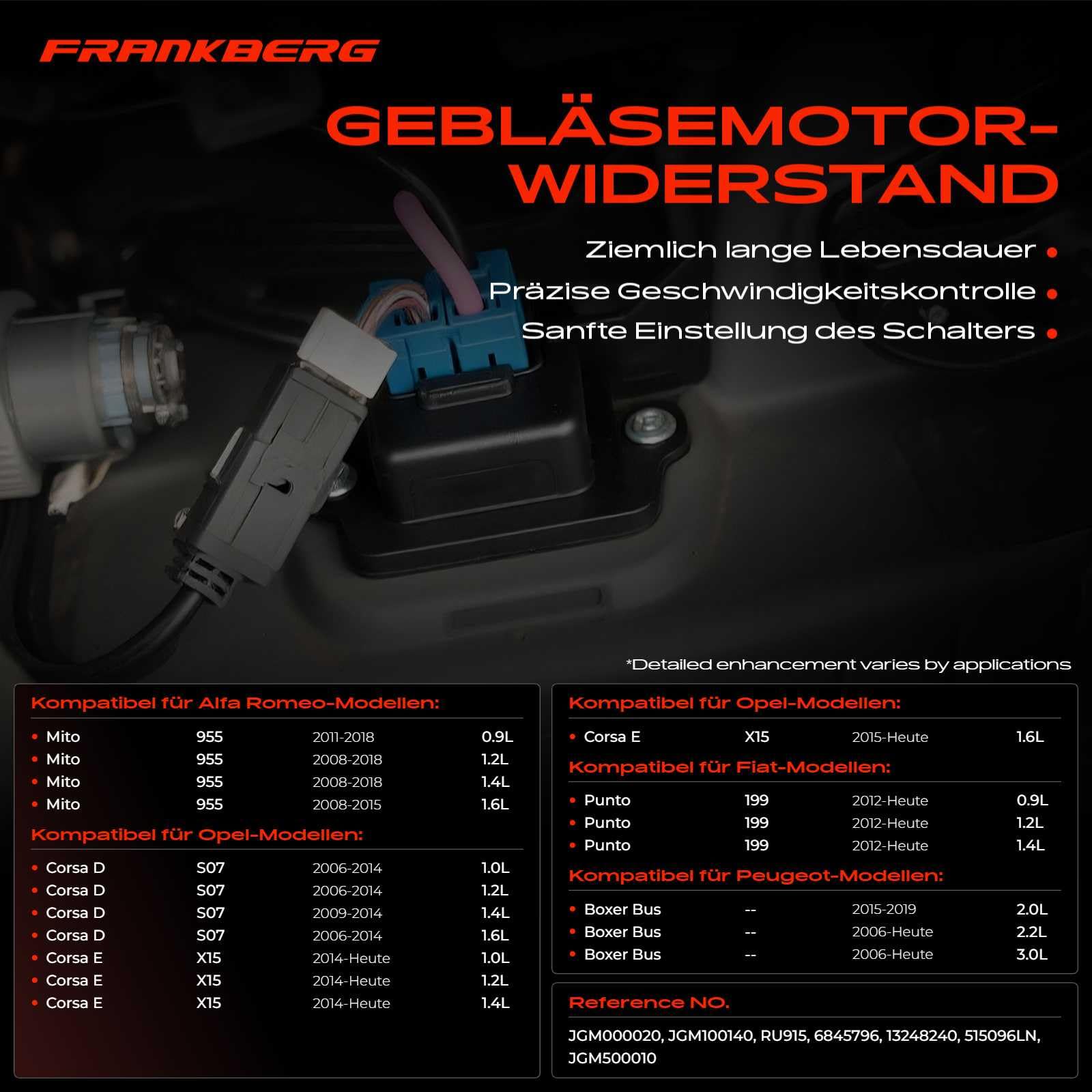 Frankberg Regulator dmuchawy, rezystor, urządzenie sterujące kompatybilne z Corsa D S07 2006-2014 Corsa E X15 2014 - dziś Adam Boxer Mito Jumper Ducato Linea Punto Replace# 13248240