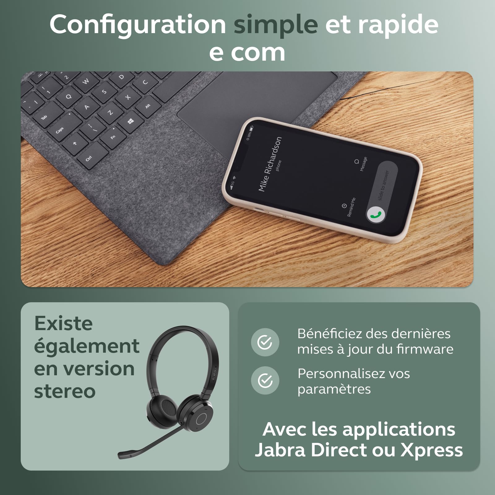 Jabra Evolve 65 Te (3e édition 2025) Micro-Casque Mono Bluetooth sans Fil, se connecte à 2 appareils, 16 h d’autonomie, Micro antibruit, Adaptateur USB-A, Fonctionne avec Les applis de réunion, Noir