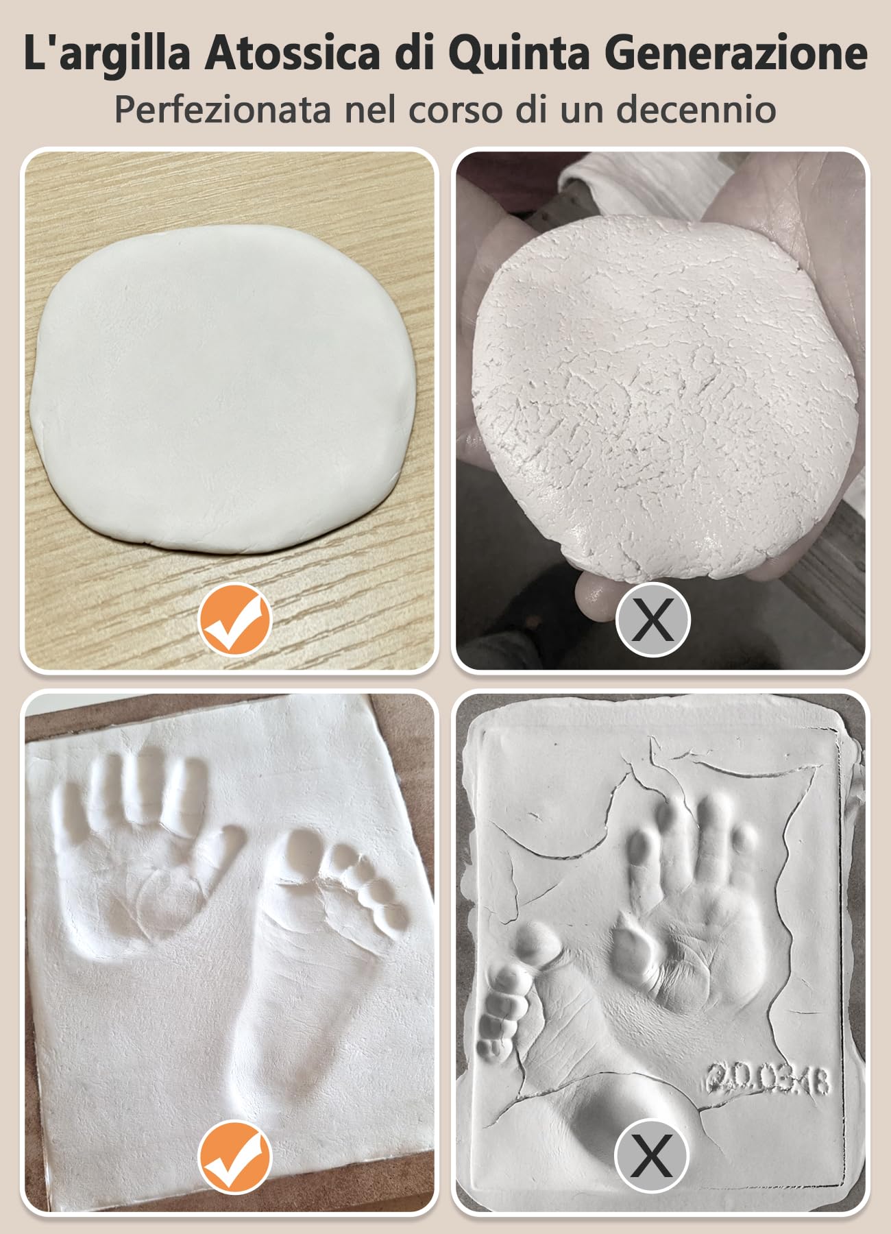 Kit Impronte Mani e Piedi Neonato, Argilla Sicura, Cornice Ricordo in Legno Massello, Regalo Baby Shower e Natale Bianco