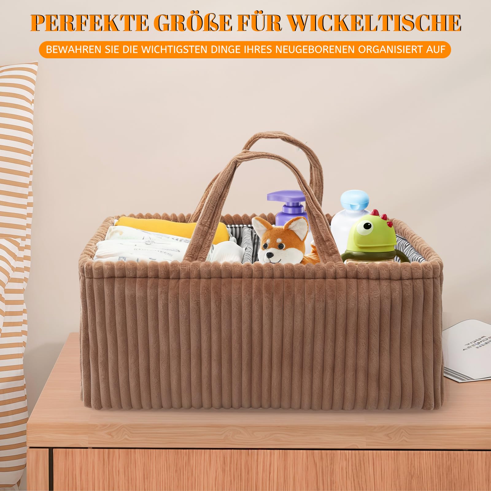 Organiseur de table à langer bébé panier velours côtelé marron foncé